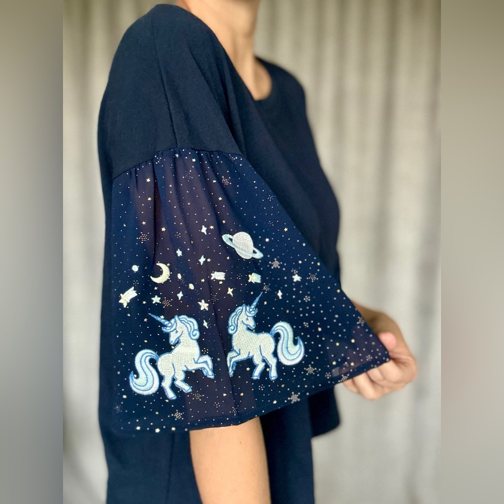Rivet & Surge Embroidered Unicorn Flutter Sleeve Shirt from Harajuku Japan, S/M
